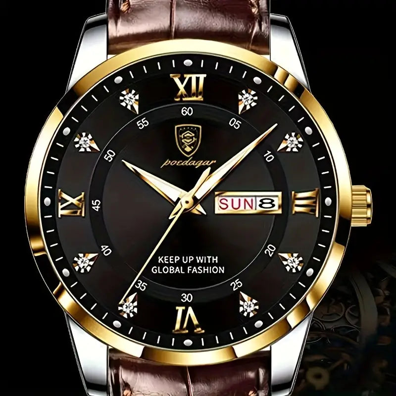 Bold Golden Men’s Watch with Day/Date/Week Display