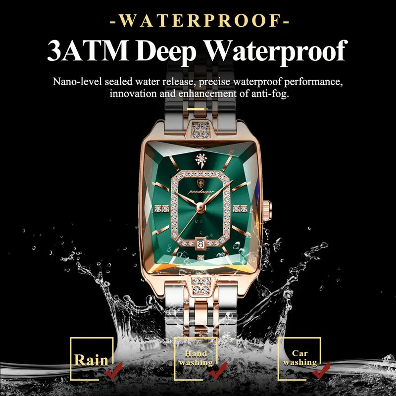 Waterproof Ladies Square Quartz Watch – Elegant Stainless Steel Design