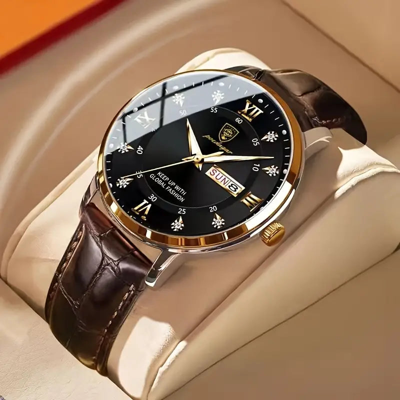 Bold Golden Men’s Watch with Day/Date/Week Display